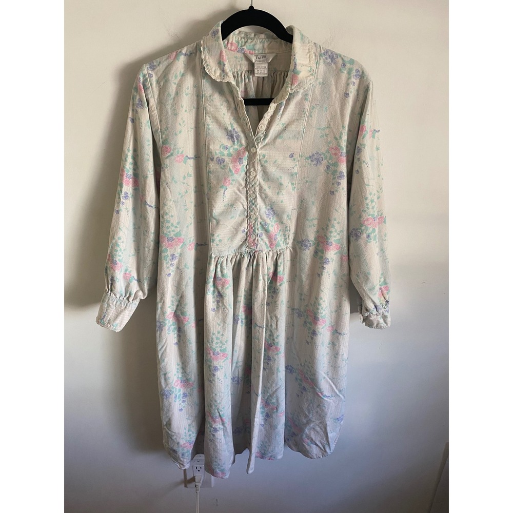 Vintage TJW by Mervyns Pastel Floral Cotton Nightgown Lace Trim Sleep Shirt M